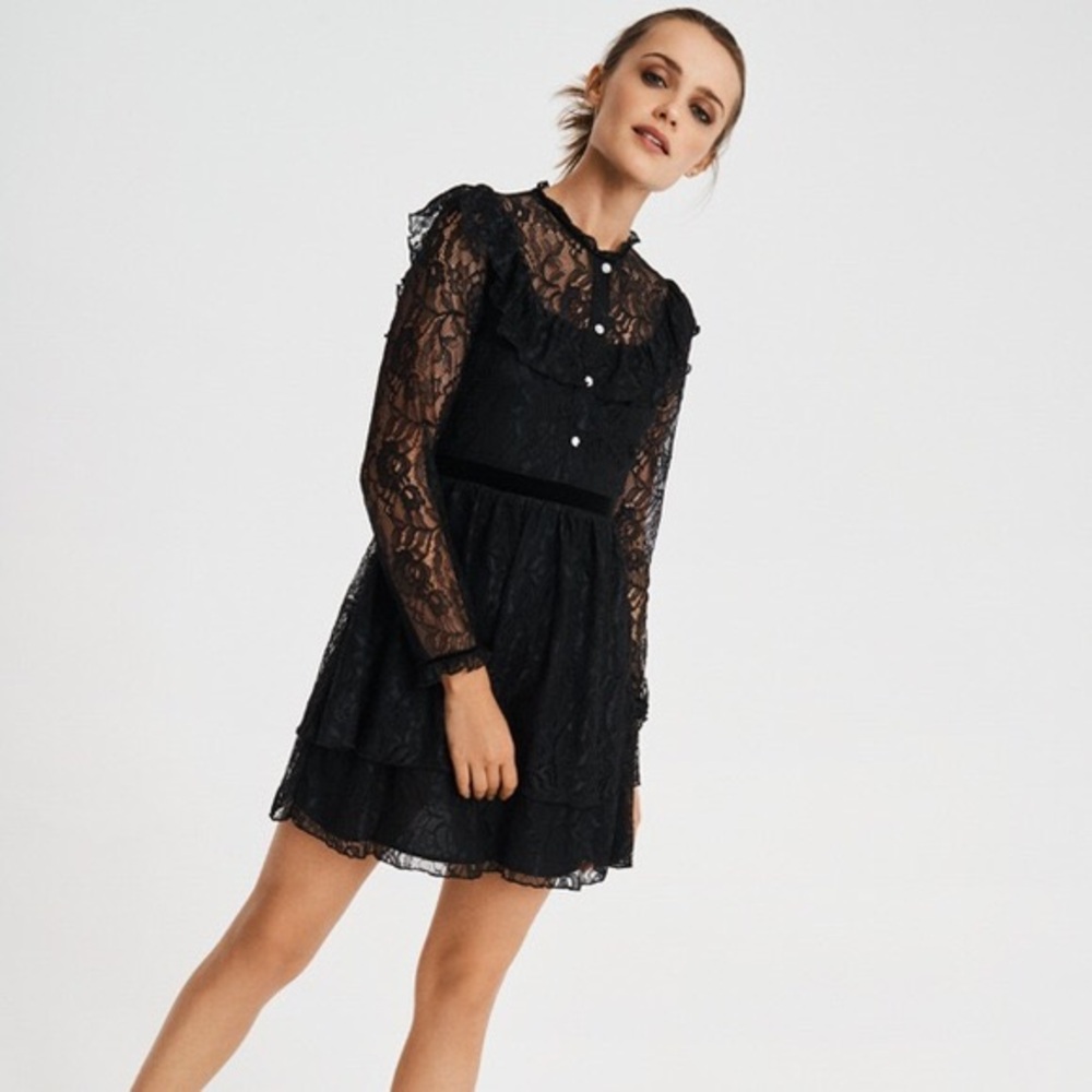 Zara Dainty Lace Ruffle Tiered Jeweled Button Long Sleeve Black Mini Dress S NWT